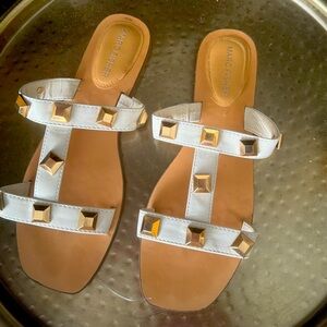Marc Fisher white and gold sandals